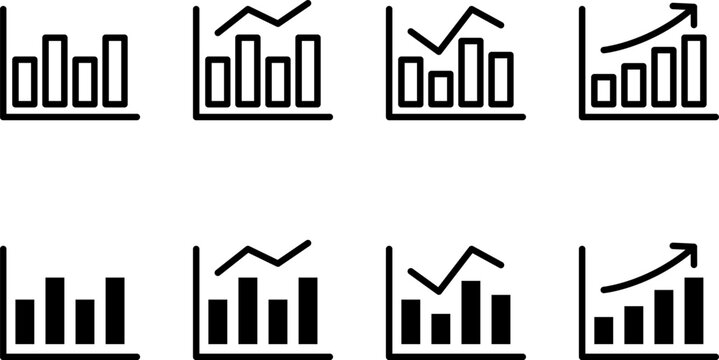 Business Bar Chart and Line Graph Icons Set in Outline and Solid Style for Data Analytics Design