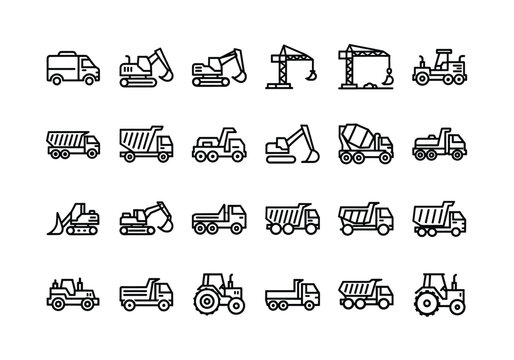 Set of construction machinery and heavy equipment line icons
