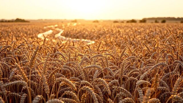 Wide low-angle shot of a golden wheat field rippling in waves from a gentle wind during golden hour, the light catching each individual stalk.