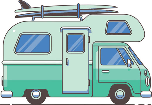Retro Camper Van with Surfboard: A vintage-style camper van, painted in a cool turquoise hue, sits ready for adventure, complete with a surfboard strapped to its roof.