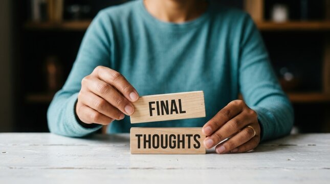 Person holding wooden blocks with the words final thoughts