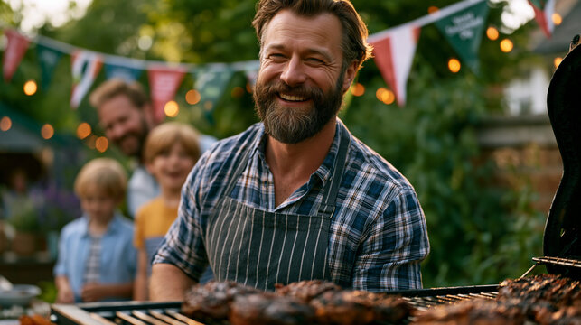 A blended family barbecue in a back garden, World Environment Day bunting overhead, two dads managing a grill while children from both households chase fireflies, ideal for blended family, summer ce