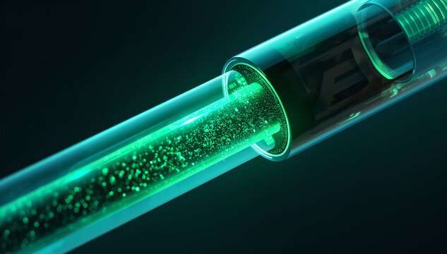 Macro cross section inside a glowing neon green fiber optic data cable