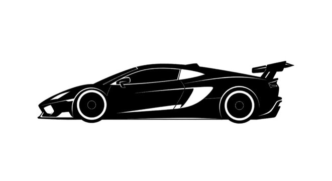 Minimal black silhouette icon, simple flat vector, bold black shape, no, no shading black silhouette of a modern sports car with a rear spoiler on a, flat icon style