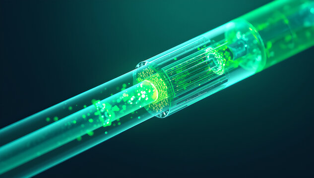 Macro cross section inside a glowing neon green fiber optic data cable