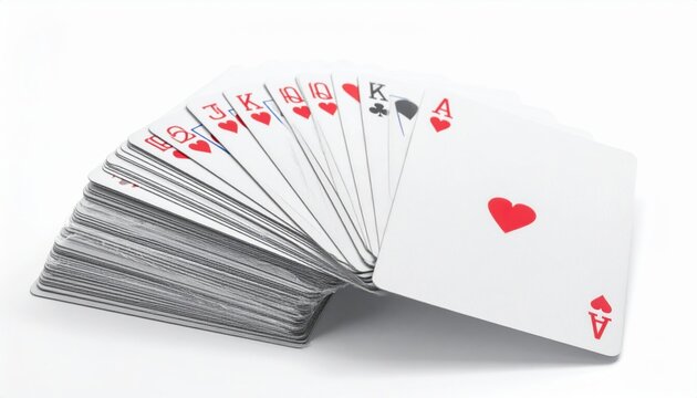 A fan of freshly printed playing cards, showcasing various suits and ranks against a bright background, perfect for games and casinos.