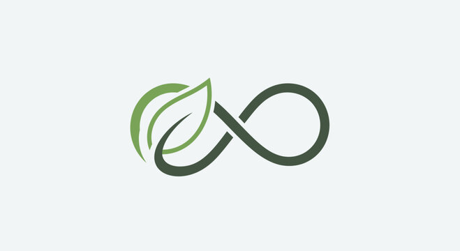 Eco-friendly infinity symbol logo with green leaf design, representing nature, sustainability, recycling, and endless growth.