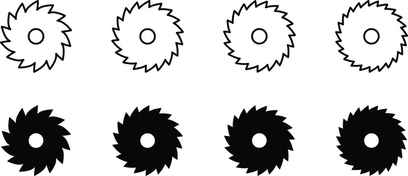 Circular Saw Blade Icons Set with Different Tooth Patterns in Outline and Solid Style for Woodworking Design