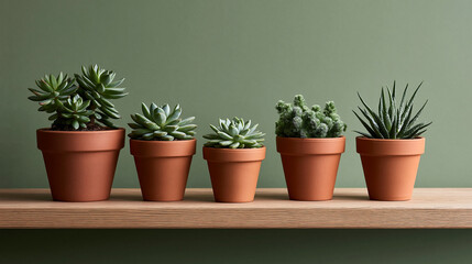 Fototapeta premium Collection of small succulents in terracotta pots arranged on a wooden shelf, minimalist plant décor concept, with copy space