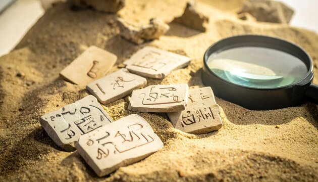 Collection of ancient pottery shards inscribed with demotic script discovered during archaeological excavation