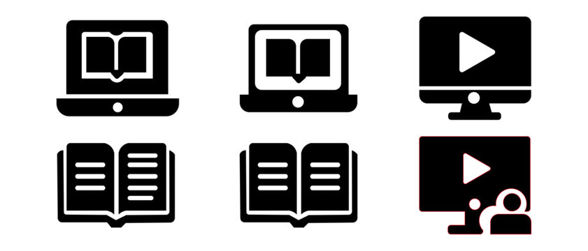 Online Learning and Digital Education Icon Set With E-Book, Video Course, Laptop, Tablet and Open Book Symbols for Web UI Design