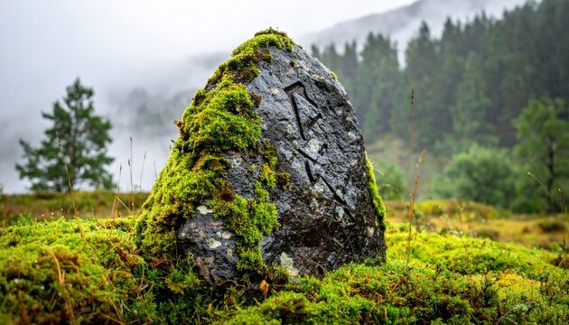 Deeply Chiseled Ancient Runes on a Moss-Covered Standing Stone in a Misty Highland Landscape