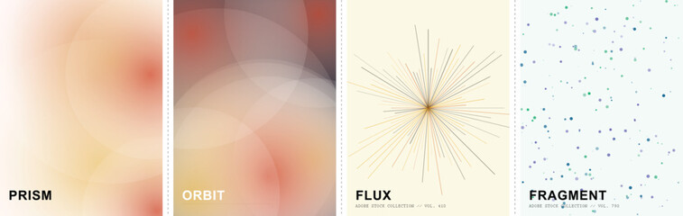 Abstract minimalist poster set with Prism Orbit Flux and Fragment designs, modern geometric vector backgrounds, artistic gradient and line art collection © Ayesha Amjad