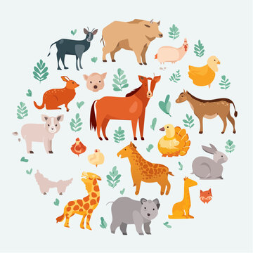 Collection of Farm and Wild Animals in Circle