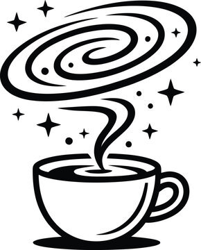 Cosmic Coffee Cup with Spiral Galaxy Steam and Stars Line Art