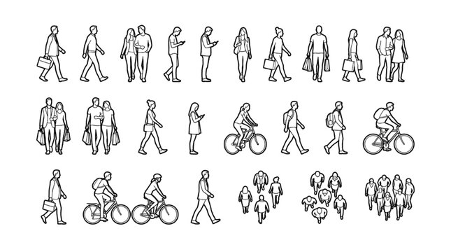 Urban Pedestrian and Cyclist CAD Block Collection with Top View Crowd Symbols and Walking Figures