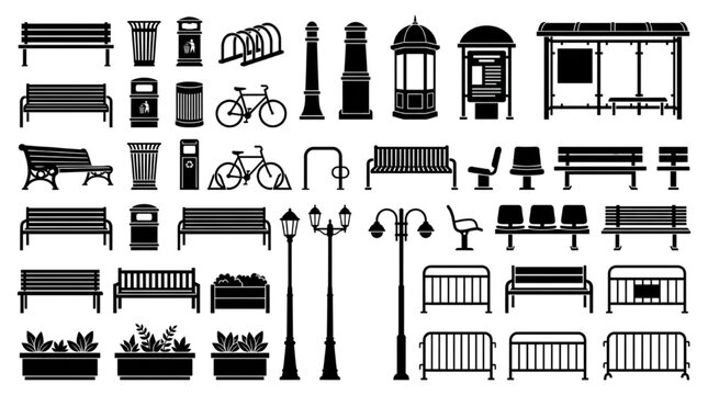 Urban Street Furniture Silhouette Vector Set with Benches Bus Stops Bike Racks Lighting and Public Fixtures