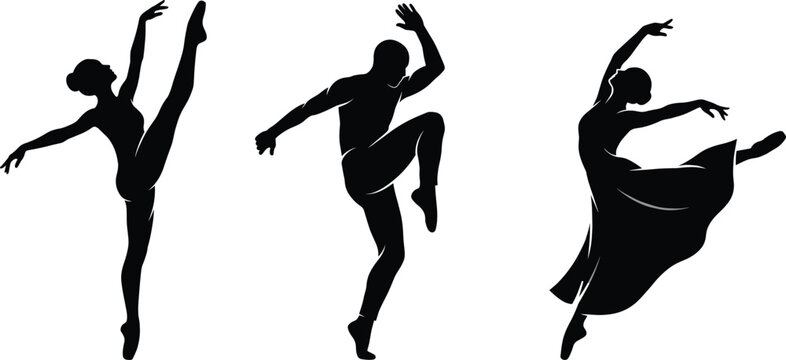 Collection of elegant ballet and modern dance silhouettes featuring male and female dancers performing expressive acrobatic poses