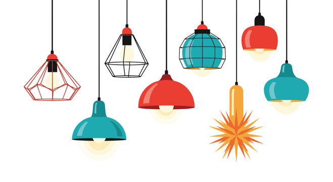 Modern pendant light fixtures in various geometric shapes and vibrant colors like red and teal hang against a white background.