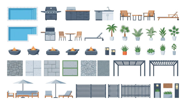 Modern Outdoor Living Vector Collection with Pool Furniture, Pergolas, Fire Pits and Landscape Elements