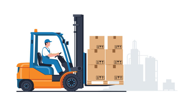 Male warehouse worker operating a blue and orange forklift truck to transport stacks of cardboard boxes on a wooden pallet.