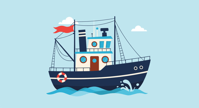 Colorful illustration of a blue and white fishing trawler or tugboat navigating through ocean waves under a soft blue sky.