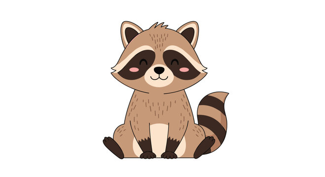 Cute cartoon raccoon with a bushy striped tail and friendly expression sits peacefully on a plain white background for kids.