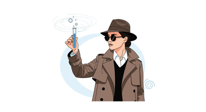 Female secret agent wearing a brown trench coat and fedora examines a blue liquid inside a test tube for a mysterious case.