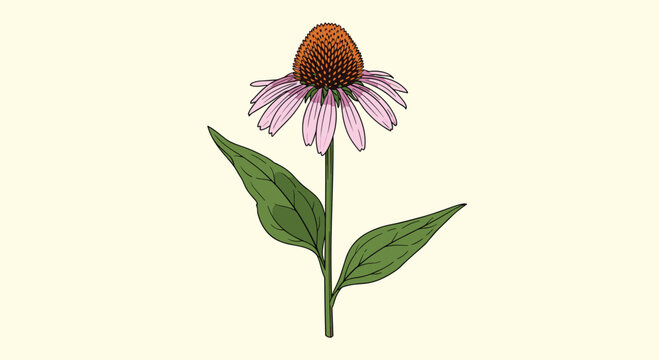 Detailed botanical drawing of a purple coneflower or echinacea with green leaves on a light yellow background for nature art.