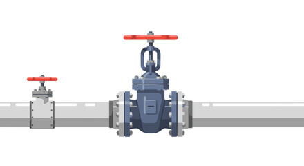 Naklejka premium Realistic industrial pipeline with a large blue gate valve and red handles isolated on a white background for engineering themes.