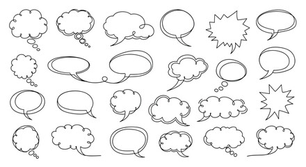 Fototapeta premium Extensive collection of diverse hand-drawn speech bubbles and thought clouds in different shapes for comic books and graphic design projects.