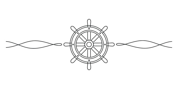 Black outline ship steering wheel icon with decorative wave lines for nautical design Vector, illustration