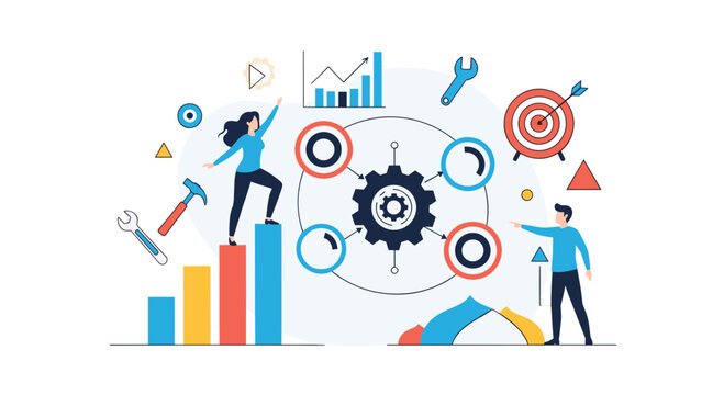 Business process management concept featuring professionals working with gears, targets, and growth charts to optimize organizational workflow.