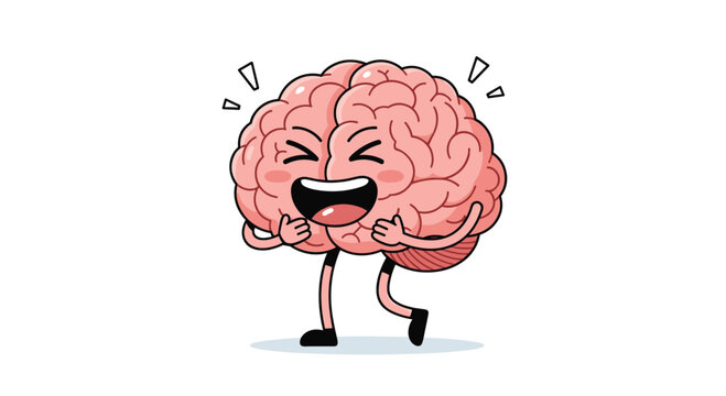 Cheerful cartoon brain character laughing out loud with closed eyes and arms on its tummy isolated on a white background.