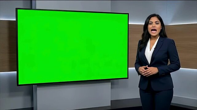 Female Reporter Gesturing to Green Screen TV Monitor in Modern News Studio - Generative AI