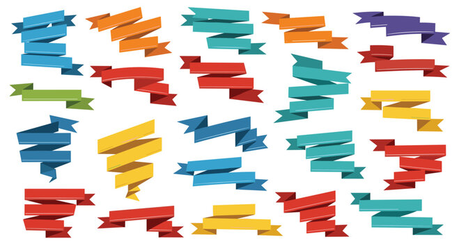 Extensive collection of colorful ribbon banners and curled scroll elements in various styles and shades for graphic design.
