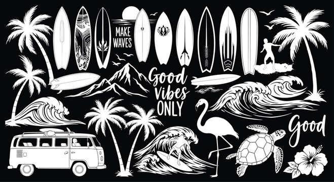 Surfboards and tropical beach elements with good vibes message