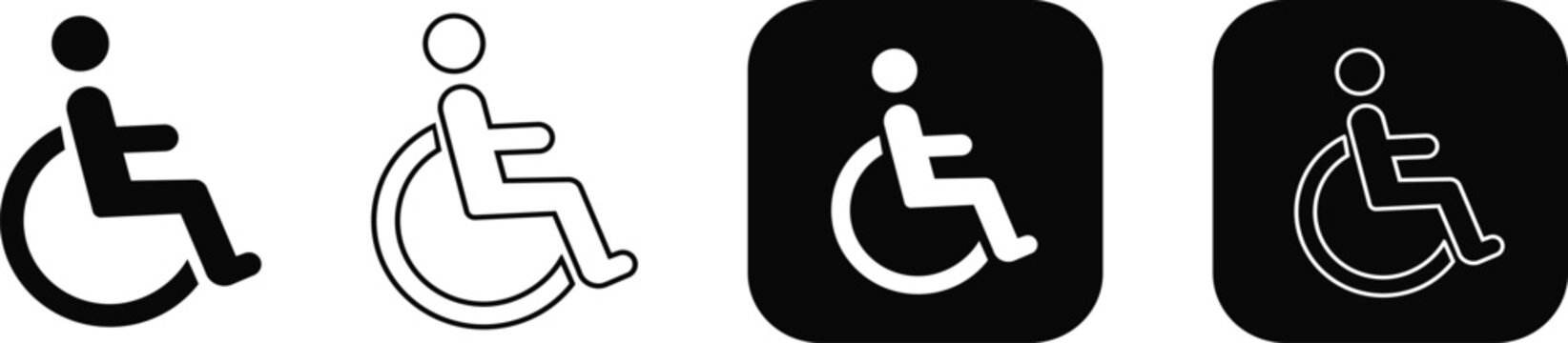 Wheelchair accessibility icons set with handicapped person silhouette, disability access symbols for inclusive public spaces and navigation, black vector signs in solid and line art outline style.