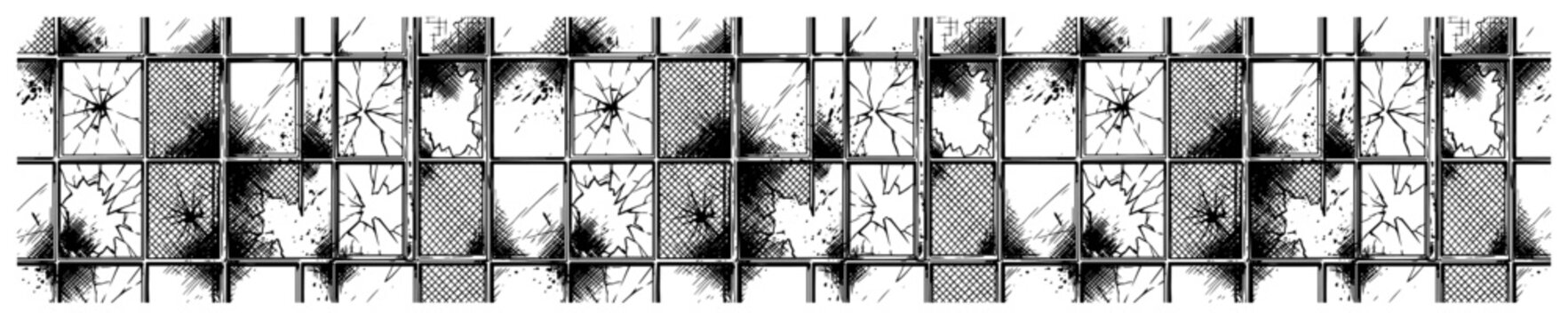 Shattered glass grid pattern with broken shards and cracks manga screentone style