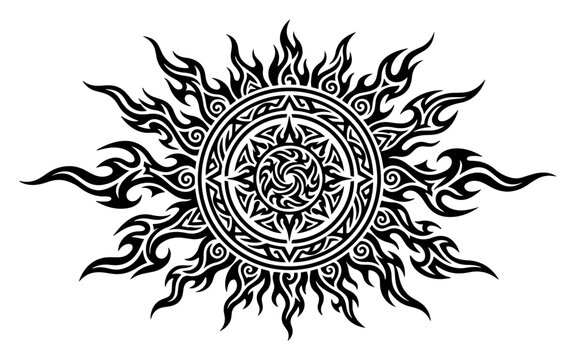 Tribal sun mandala ornament with flame rays in ethnic tattoo style