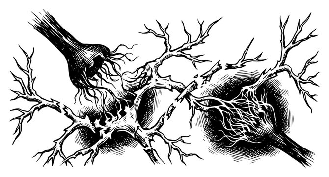 Organic root structures or nerve cells breaking apart in hatching engraving style