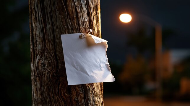 An empty ripped piece of white paper attached with a pin to a dark wooden electricity pole against a blurred street light bokeh background.
