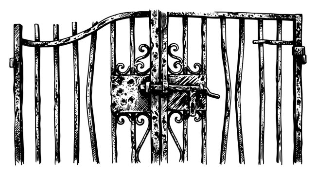 Wrought iron gate with latch and ornamental details in rustic sketch style