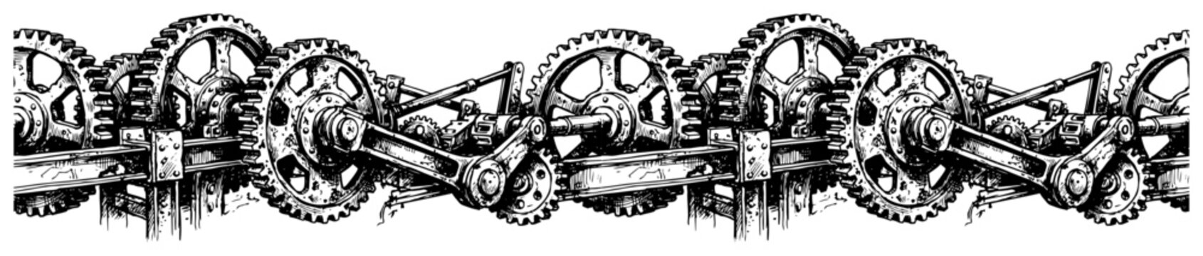 Industrial gear mechanism with pistons and cogs in steampunk engraving style