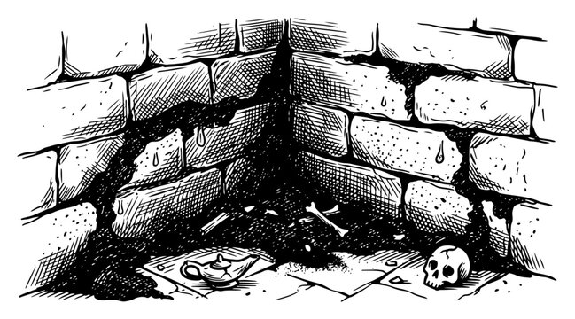 Dungeon stone corner with human skull and oil lamp in fantasy sketch style