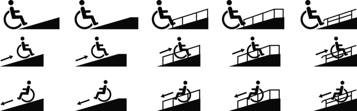 Wheelchair accessibility ramp icons set with handicapped person silhouette, disability access symbols for inclusive infrastructure and public navigation, vector signs for architectural entrance design