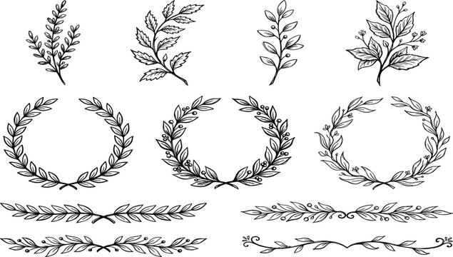 Hand drawn black ink olive branch laurels wreaths and dividers vector illustration collection on white background