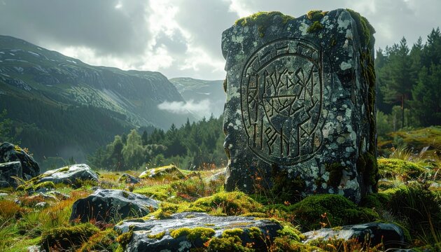 Ancient Norse runic inscription etched deeply into a moss-covered standing stone, set against a dramatic mountainous landscape with a forest and cloudy sky