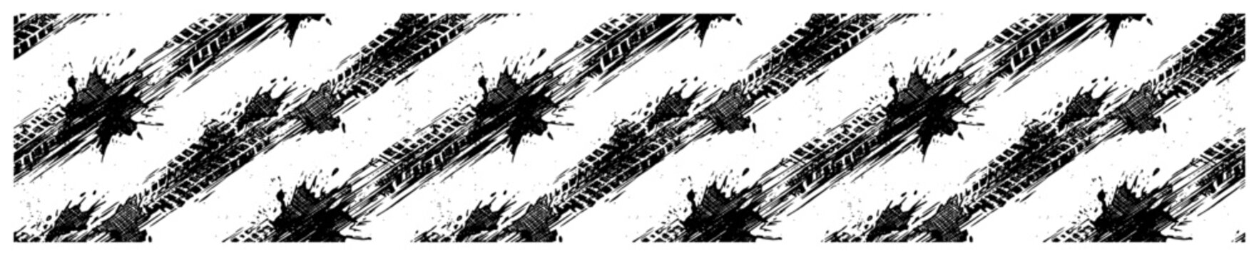 Diagonal tire tracks with mud splatters and distressed tread marks grunge style