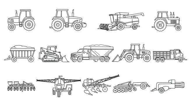 Collection of various farm and construction vehicles vector icons